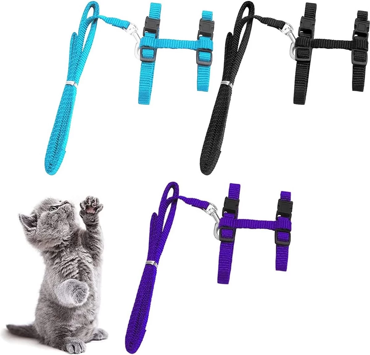 Kattentuigje,Forreen 3 Stuks Kat Harnas Verstelbaar Nylon Zacht Ademend Onbreekbaar Kattenharnas Kluis Konijnenharnas Voor Huisdier Puppy Kitten Konijn Binnen Buiten Wandelen