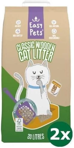 2×20 Ltr Easypets Biodegradable Classic Houtkorrels Kattenbakvulling Kattenbakvulling