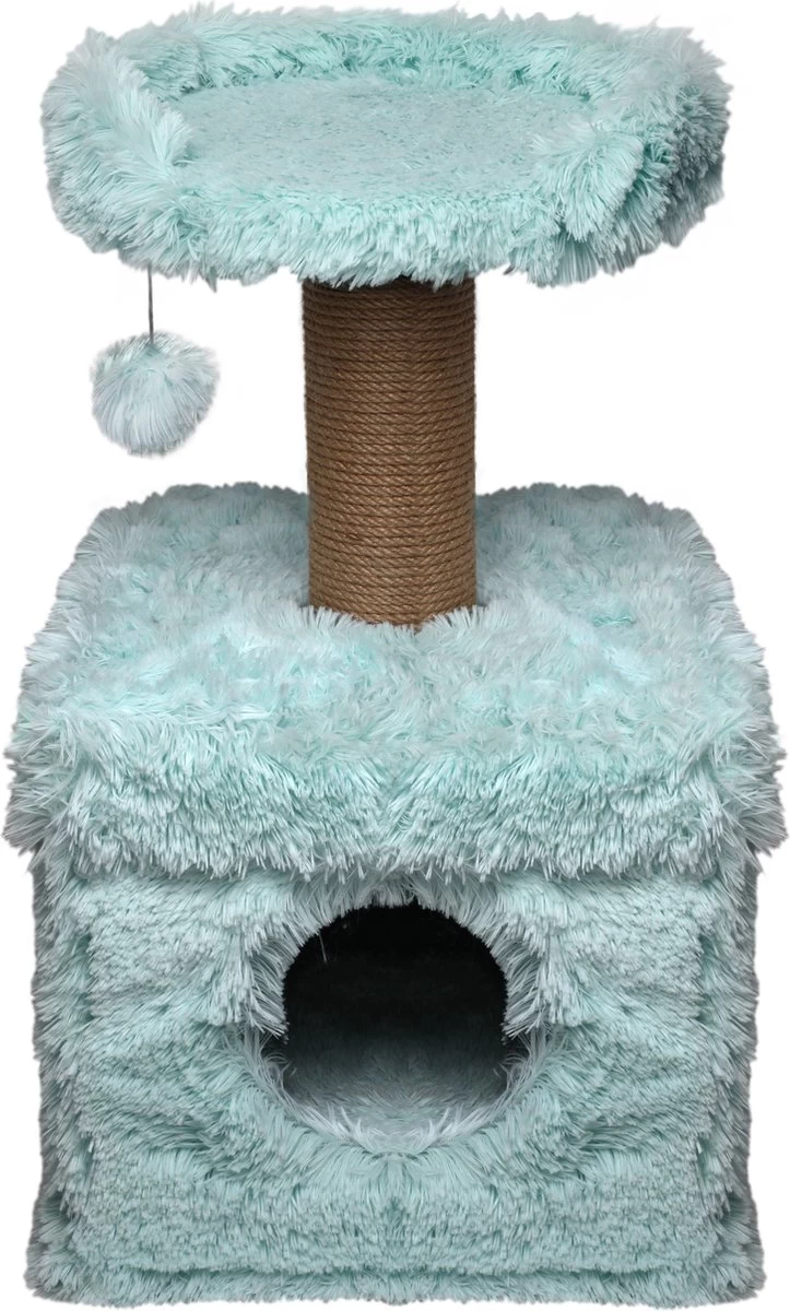 Topmast Krabpaal Fluffy Lima – Lichtblauw – 39 X 39 X 72 Cm – Made In EU – Krabpaal Voor Katten – Met Kattenhuis – Sterk Sisal Touw